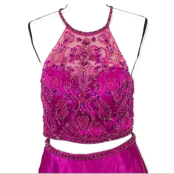 Mori Lee Fuchsia Embellished 2 Piece Prom Dress Size 10 Halter Gown - Picture 6 of 16